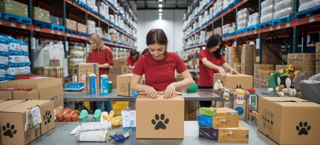 ProShip3PL workers packing pet food, toys, and accessories in a fulfillment warehouse dedicated to pet and animal supplies. The image highlights the packaging and shipping process for pet products, ensuring safe and timely delivery for pet owners.