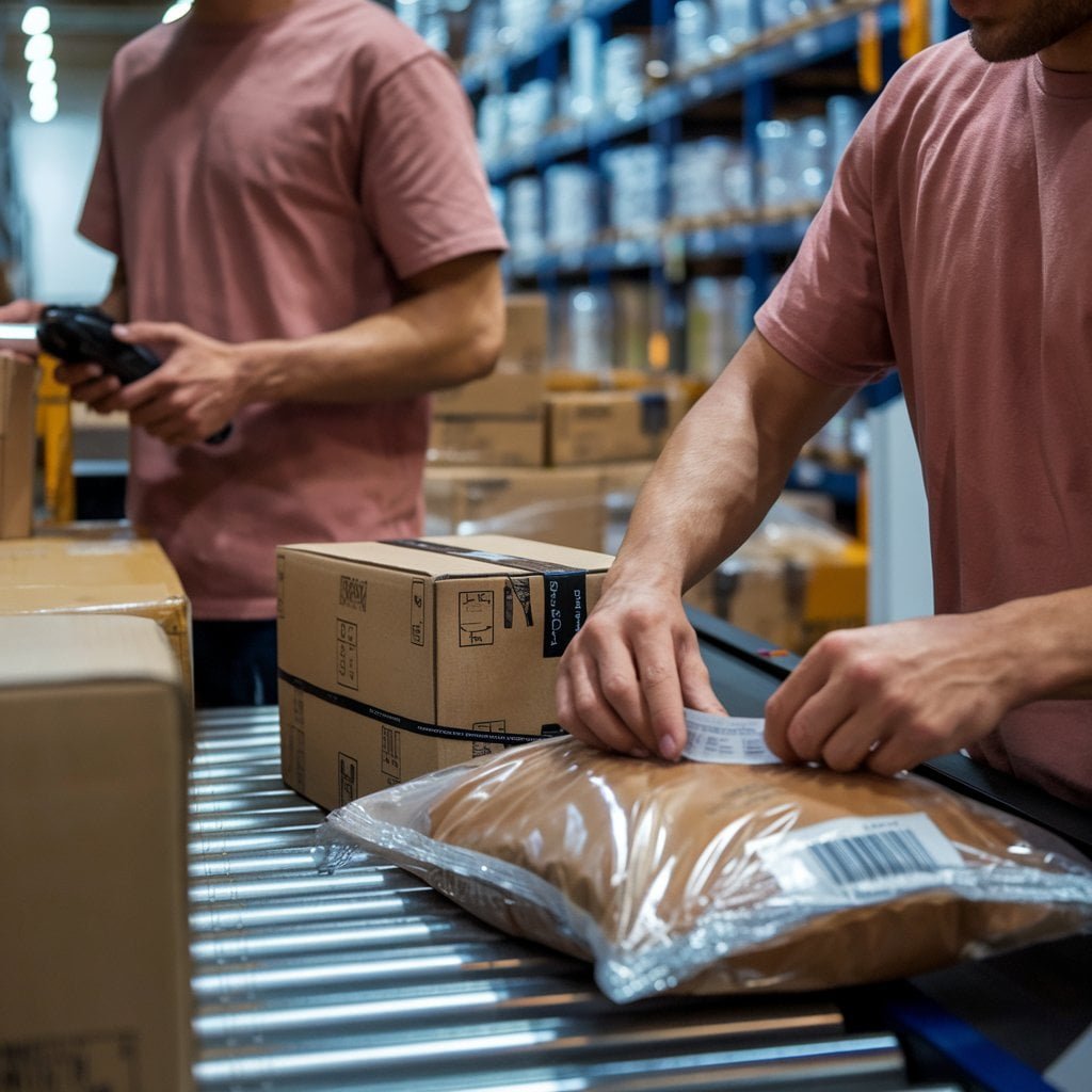 Two workers in plain red t-shirts preparing products for Amazon FBA at a fulfillment center, focusing on labeling and packaging for efficient and compliant shipping.