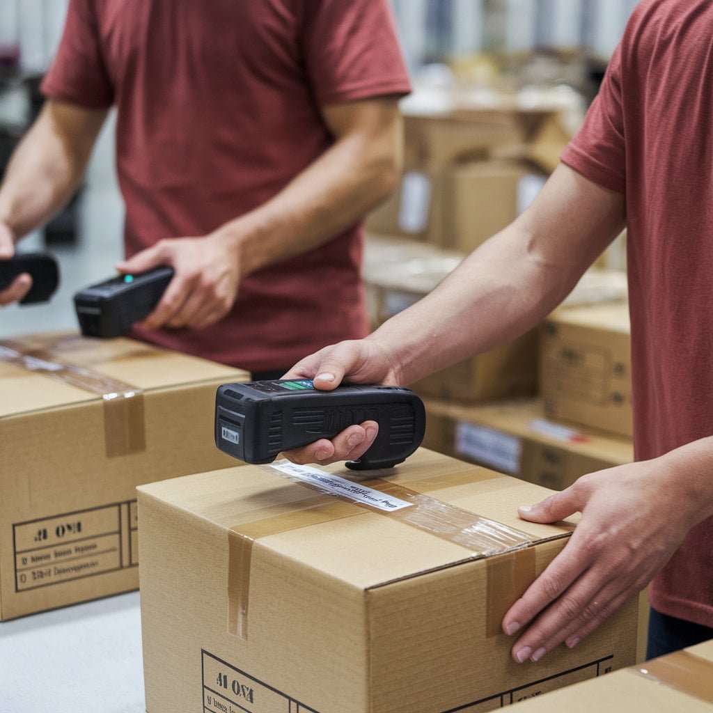 Two workers in red t-shirts efficiently packing and labeling orders at a fulfillment center, showcasing ProShip3PL's direct response fulfillment services.