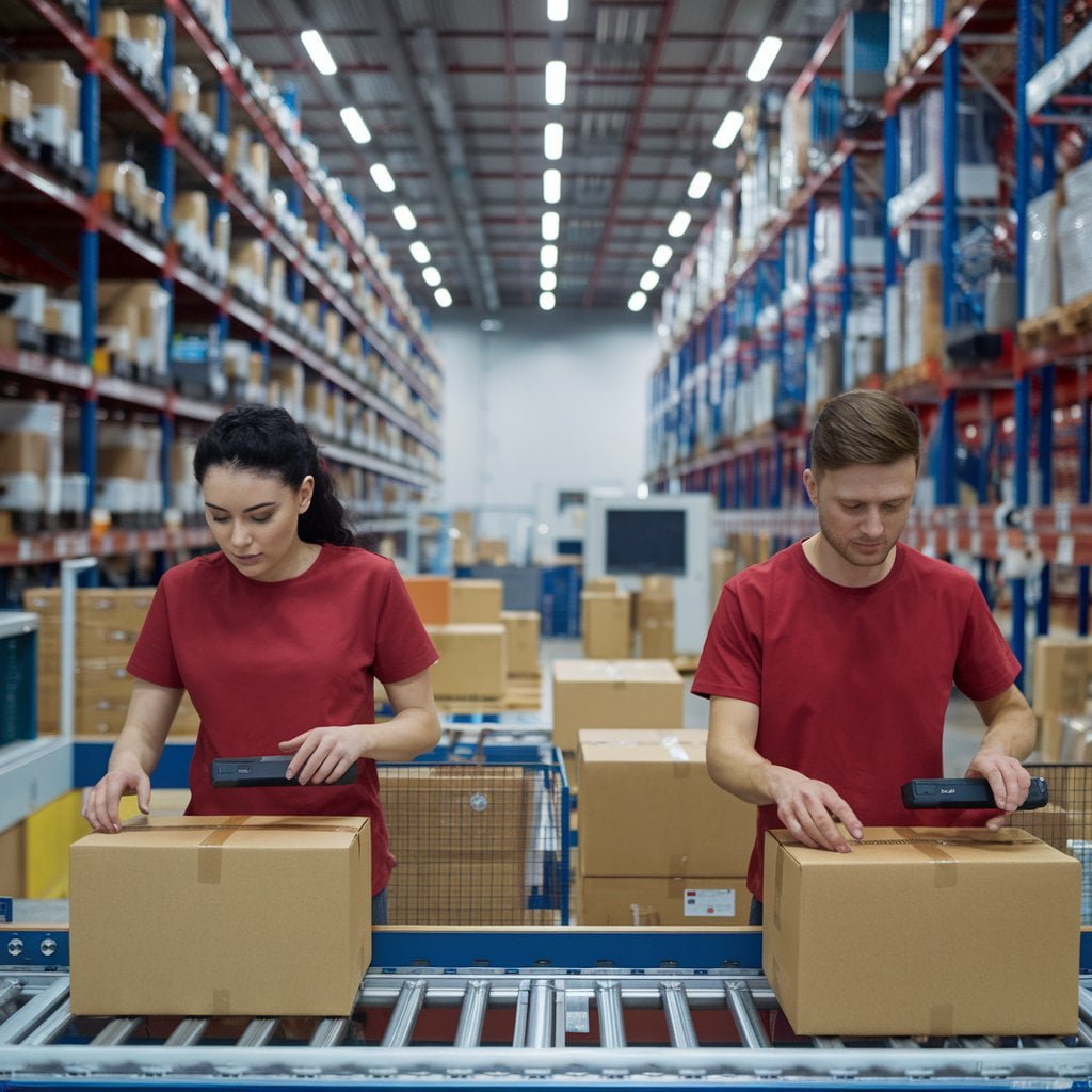 ProShip3PL's eCommerce fulfillment services featuring workers in red t-shirts packing and scanning orders in a modern, organized warehouse, ensuring accurate and fast order processing for online businesses.