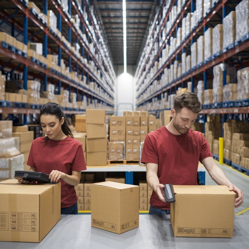 ProShip3PL's Florida Fulfillment Center showcasing organized shelves, workers in red t-shirts packing orders, and a well-structured warehouse prepared for fast and efficient national and international shipping.