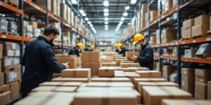 Warehouse with organized shipping boxes and workers preparing packages.