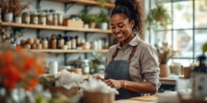 Small business owner packaging products in a cozy shop.