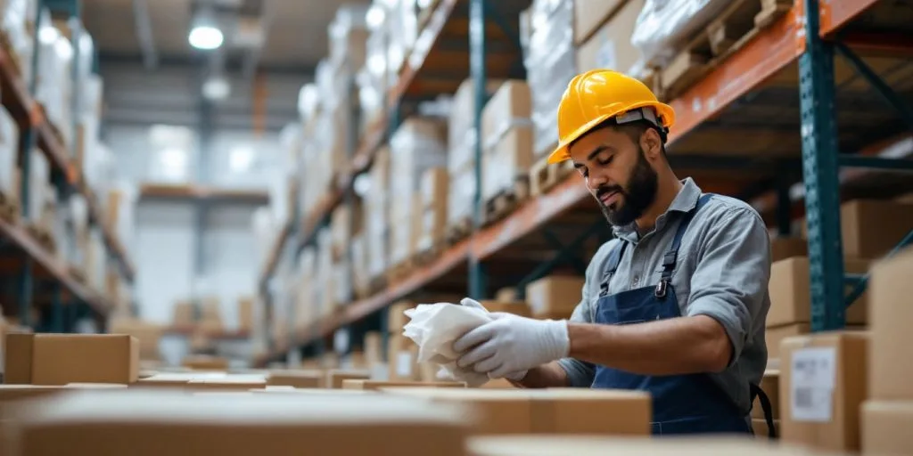 Warehouse worker packing Amazon FBA products efficiently.
