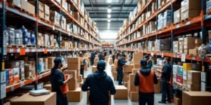 Workers packing and shipping packages in a busy warehouse.