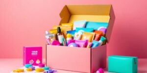 Colorful subscription box filled with various products.