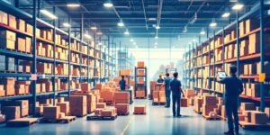 Warehouse with packages and workers preparing shipments.