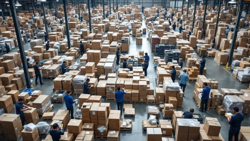 Warehouse with packages ready for shipment in ecommerce.