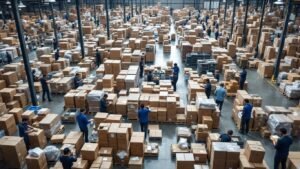 Warehouse with packages ready for shipment in ecommerce.