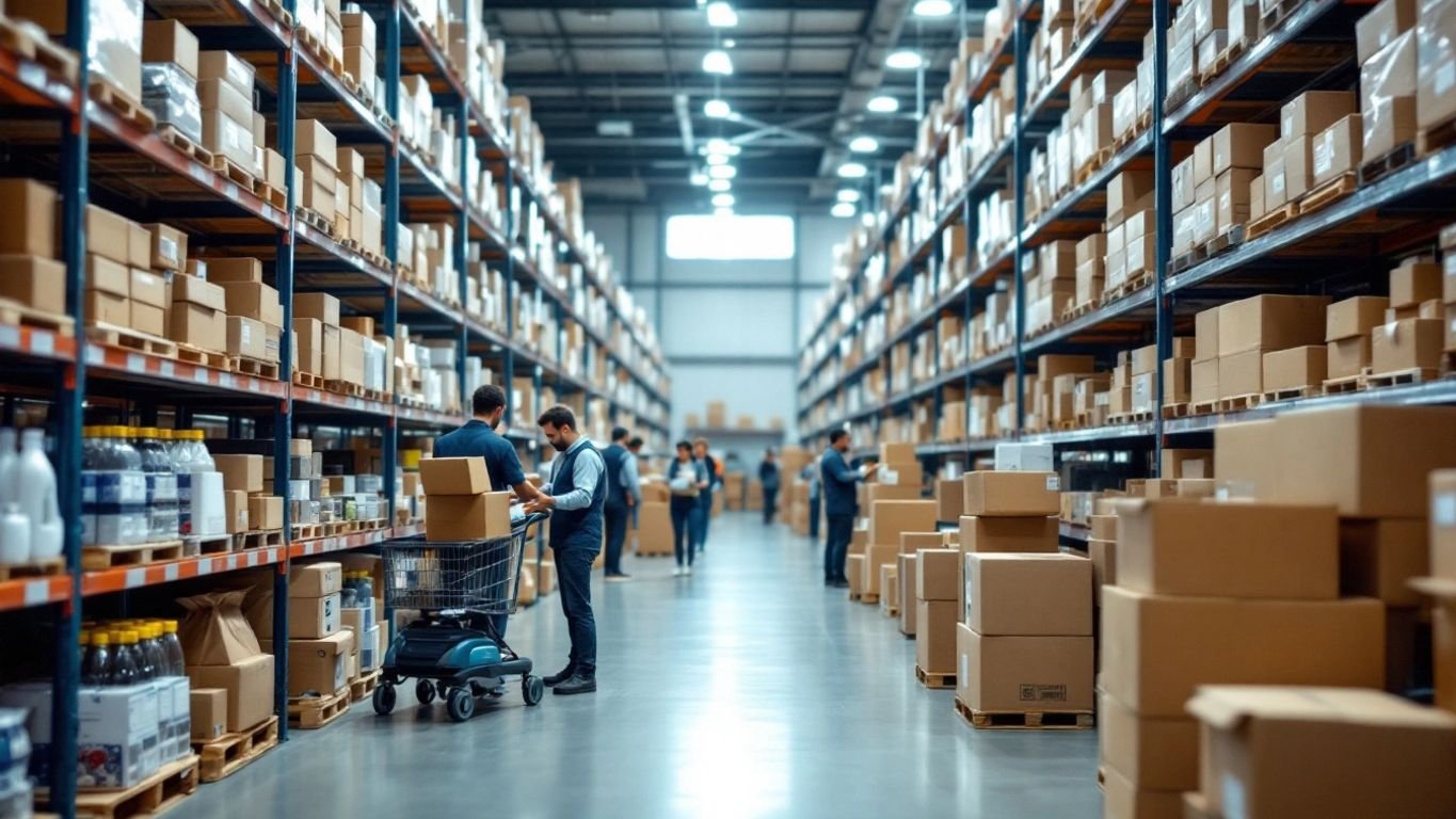 Workers packing orders in a busy e-commerce warehouse.