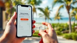 Smartphone with delivery tracking app in Florida setting.