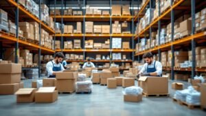 Warehouse workers packing boxes for fast shipping.