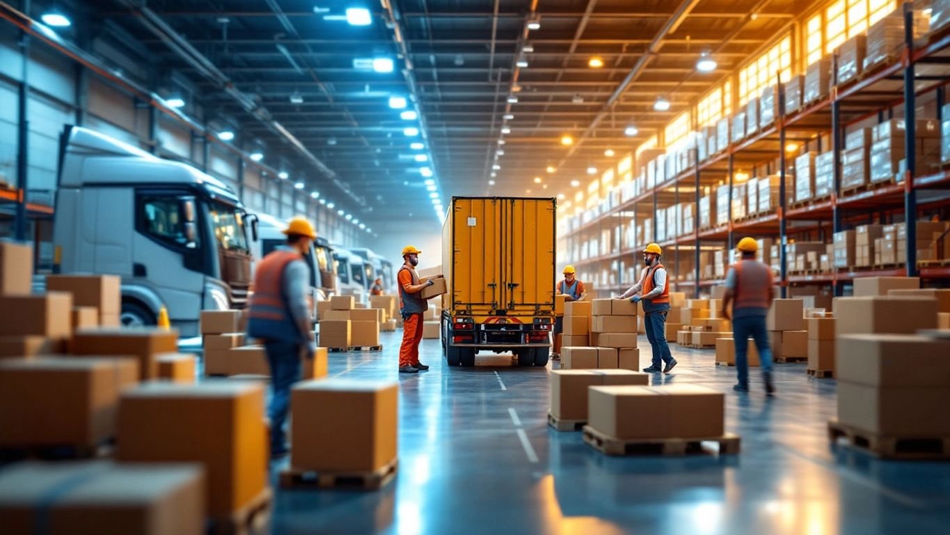 Warehouse workers handling packages in a busy logistics setting.