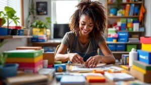 Person packaging products in a home office for Walmart.