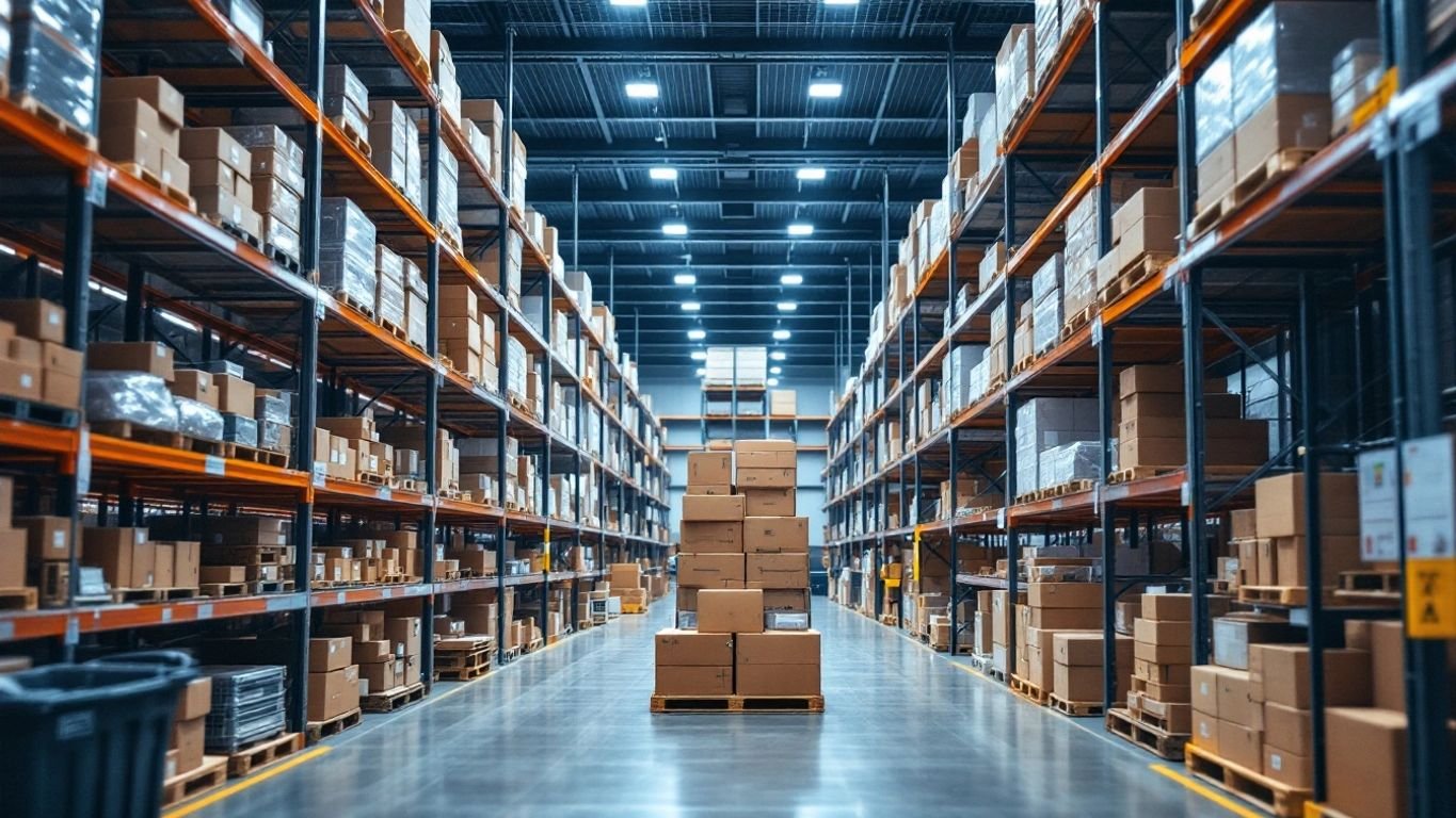 Modern eCommerce warehouse filled with organized shelves and boxes.