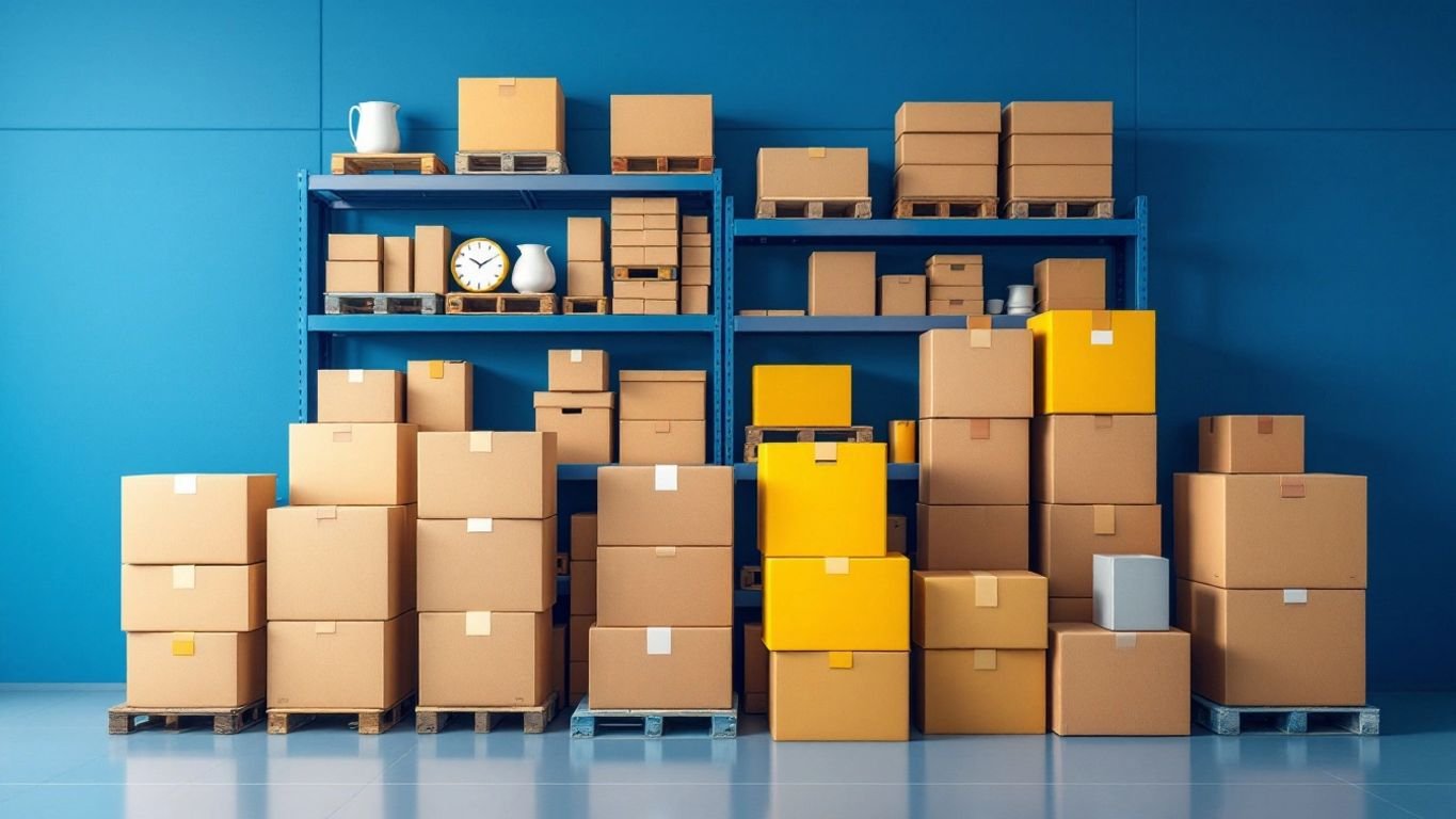 Organized inventory storage area with neatly stacked boxes.