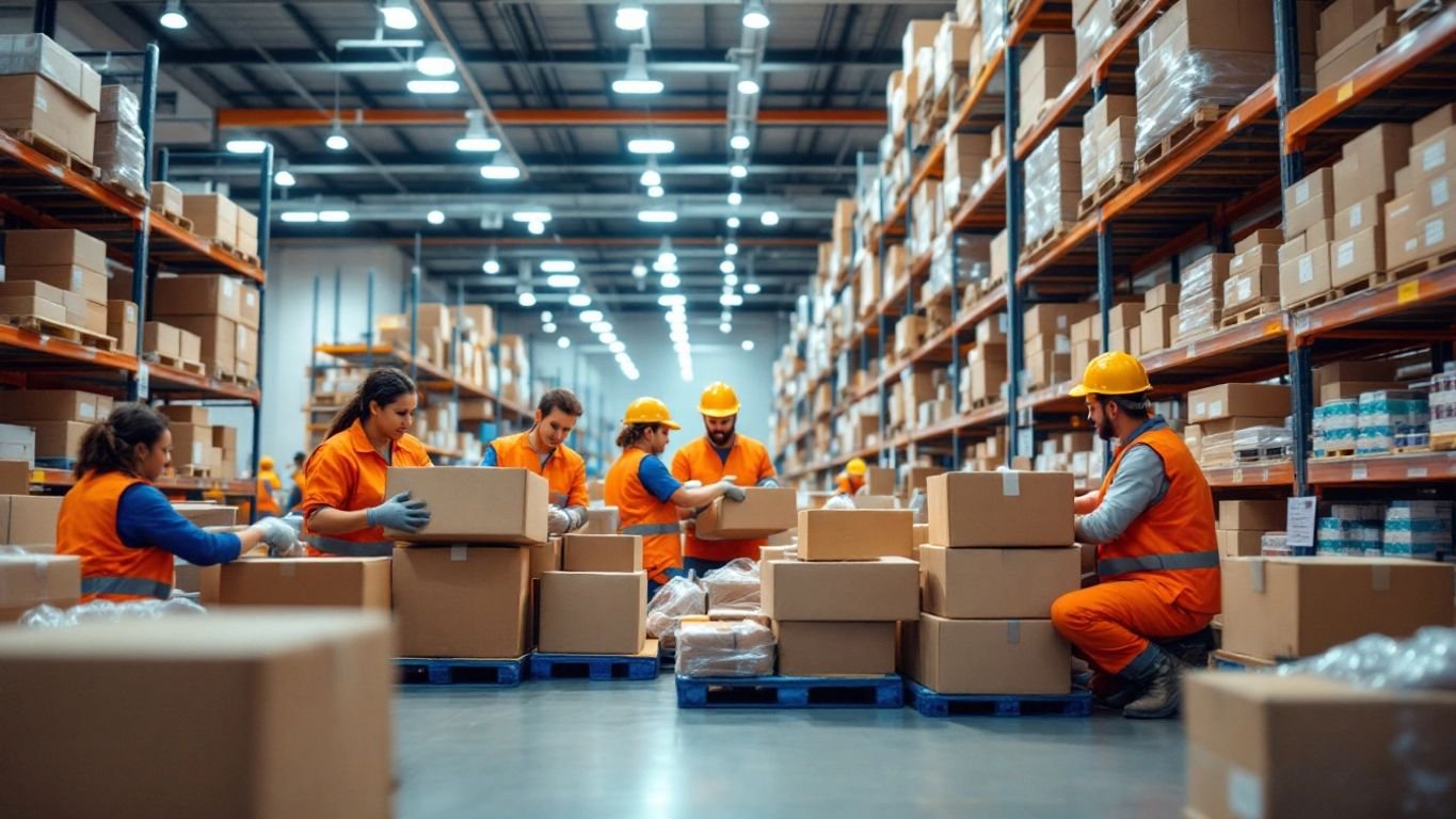 Warehouse workers packing bulk orders efficiently.