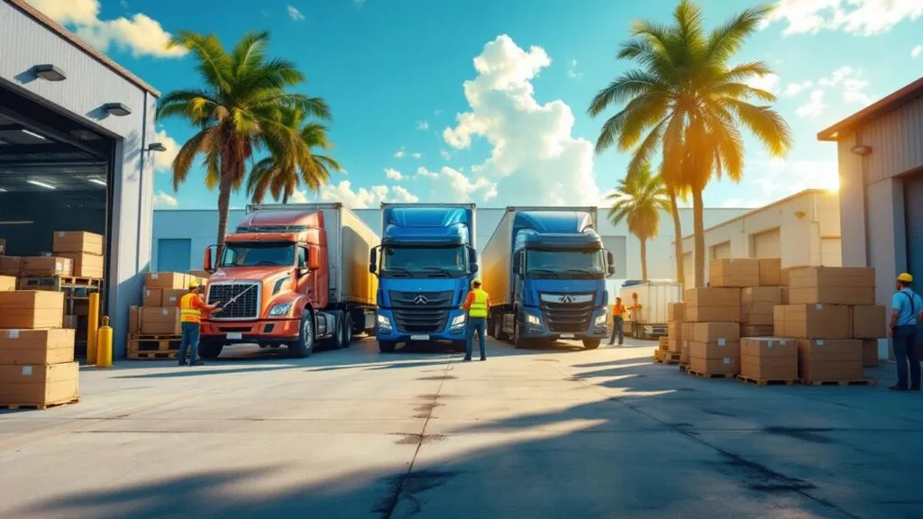 Florida warehouse with trucks and cargo under sunny skies.