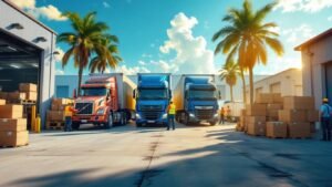 Florida warehouse with trucks and cargo under sunny skies.