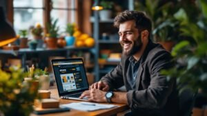 Amazon seller workspace with products and a laptop.