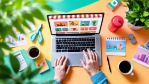 E-commerce workspace with laptop and colorful products.