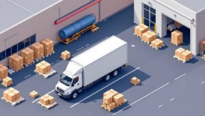 Delivery truck with packages at a busy warehouse.