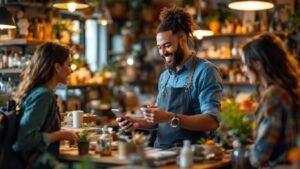 Small business owner interacting with customers in shop.