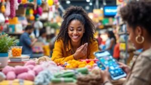 Colorful products displayed in a vibrant marketplace setting.