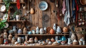 Colorful handmade products arranged artistically on a wooden table.