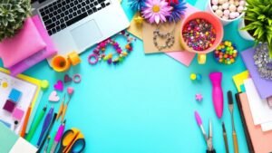 Colorful crafts and tools in an Etsy workspace.