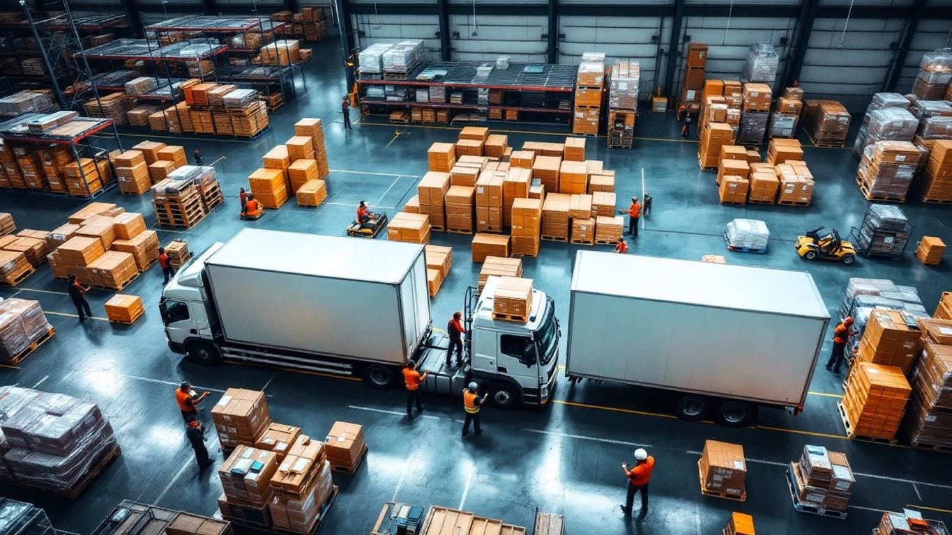 Workers managing cross-docking operations in a warehouse.